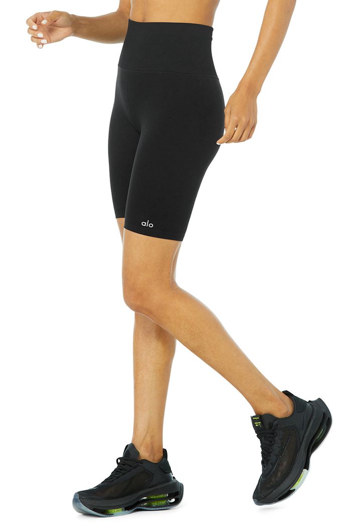 Alo Yoga Seamless High-Waist Ribbed Biker Women's Short Black | LCJTIPD-36