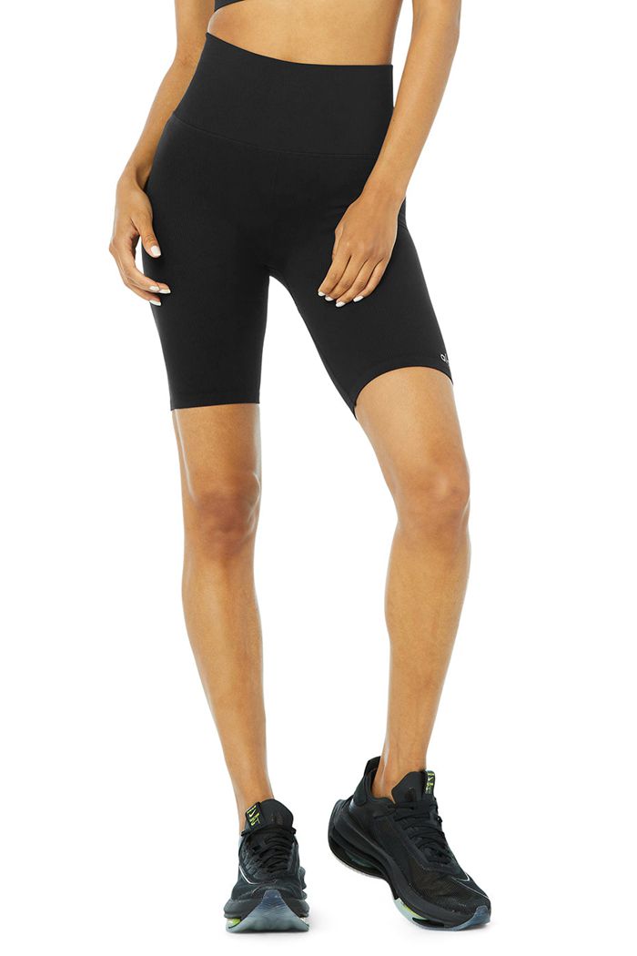 Alo Yoga Seamless High-Waist Ribbed Biker Women\'s Short Black | LCJTIPD-36