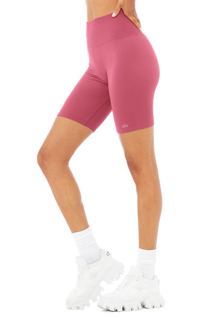 Alo Yoga Seamless High-Waist Ribbed Biker Women's Short Purple | NLXFRGA-91