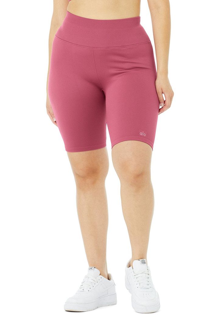 Alo Yoga Seamless High-Waist Ribbed Biker Women's Short Purple | NLXFRGA-91