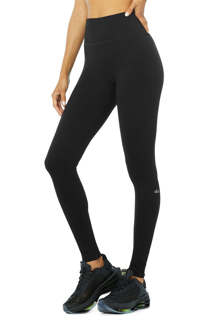 Alo Yoga Seamless High-Waist Ribbed Women's Leggings Black | RKZNFJP-58