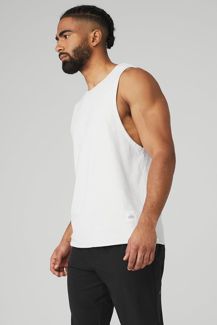 Alo Yoga Society Men\'s Tank Tops White | TQSYNBH-48