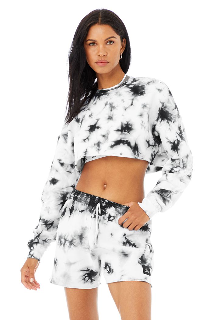 Alo Yoga Tie-Dye Extreme Crop Crew Neck Women\'s Long Sleeve Black White | FRSVAYZ-70