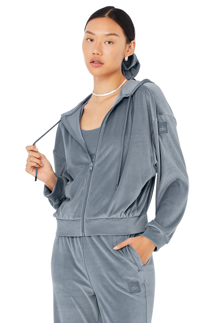 Alo Yoga Velour Glimmer Full Zip Women's Hoodie Grey | XYSEICJ-60