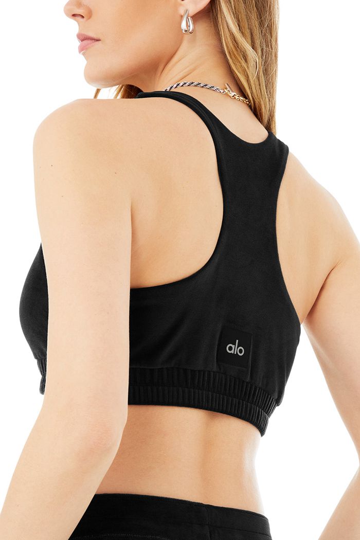 Alo Yoga Velour Glimmer Scoop Neck Women's Bras Black | QHTWZKP-16