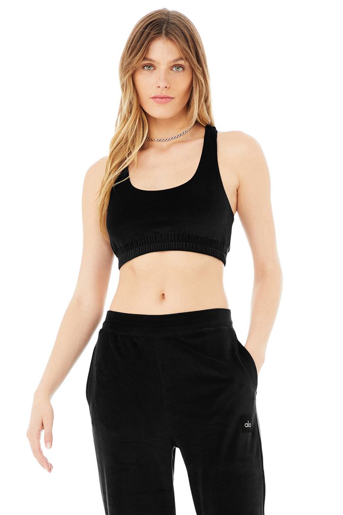 Alo Yoga Velour Glimmer Scoop Neck Women\'s Bras Black | QHTWZKP-16