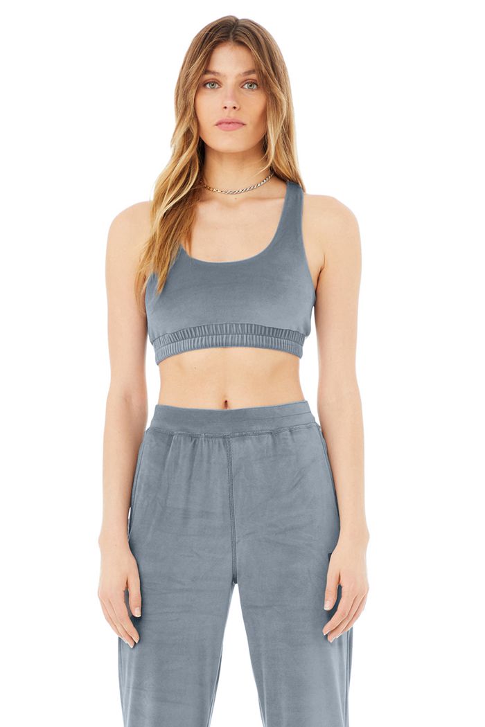 Alo Yoga Velour Glimmer Scoop Neck Women\'s Bras Grey | UXOVPMH-78